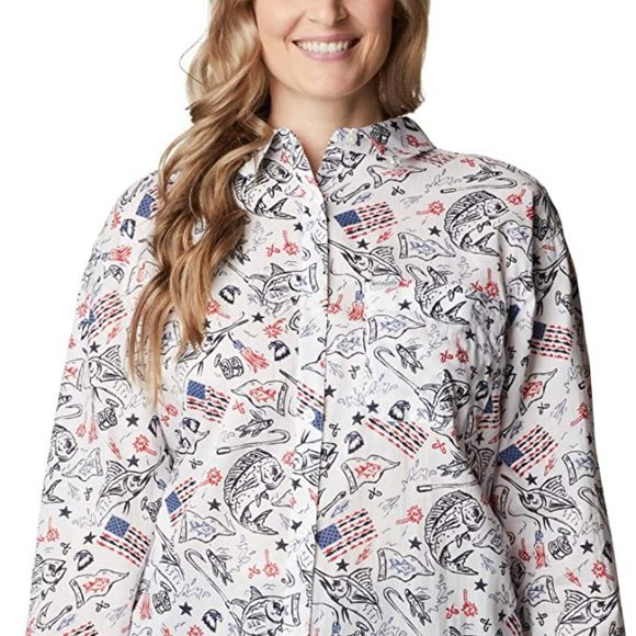 🆕Columbia Women's Slack Water Woven LS Shirt, White Americana Fishing Print,NWT - Picture 2 of 7